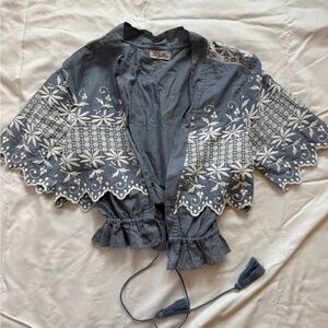 LoveShackFancy Blue and White Embroidered Cape top size 1